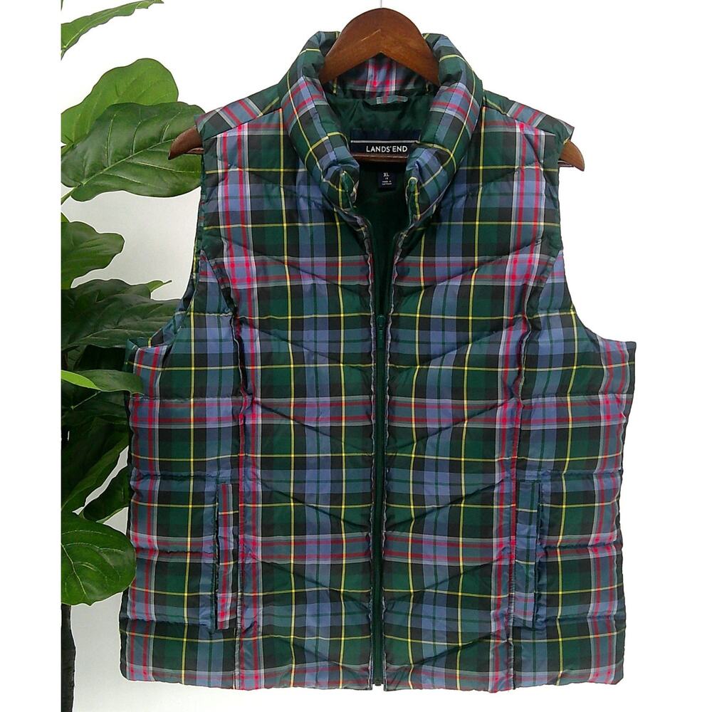 Lands' EndWomen's Size XL Multicolor Plaid Quilted Zip Up Puffer Vest Jacket